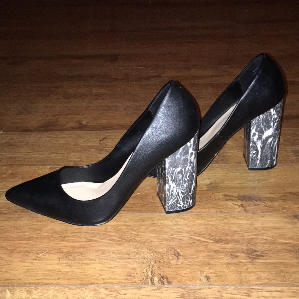 Black marbled block heels